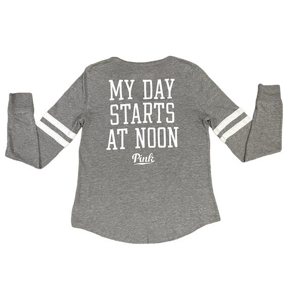 PINK Victoria's Secret Gray V-Neck Long Sleeve Lounge Shirt Striped Sleeves Sz S - Picture 2 of 5